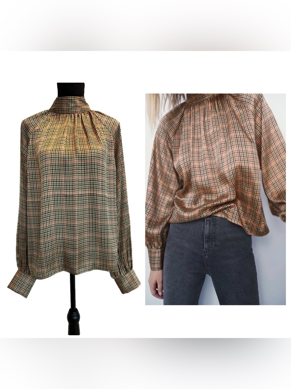 Suzy Shier houndstooth pattern blouse high neck button cuffs brown pink Sz M